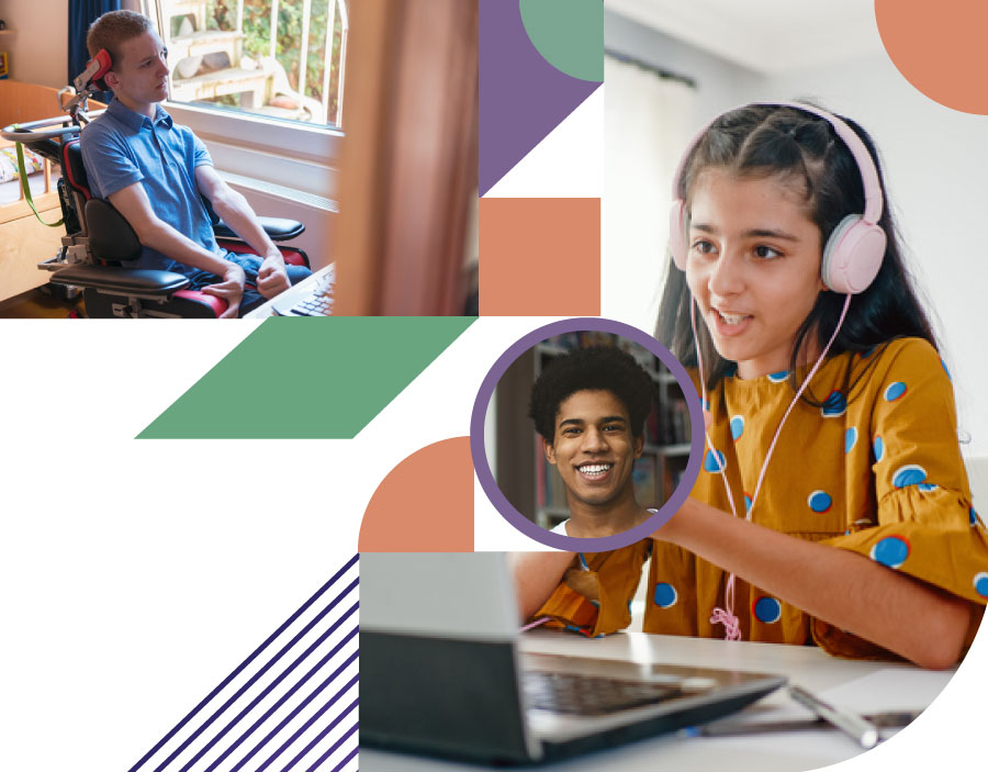 data - collage of young man with cerebral palsy, young man smiling and young girl on the computer